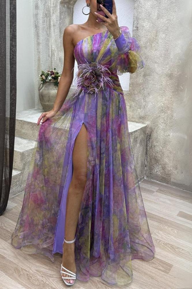 Kayla - long asymmetrical flower dress 1