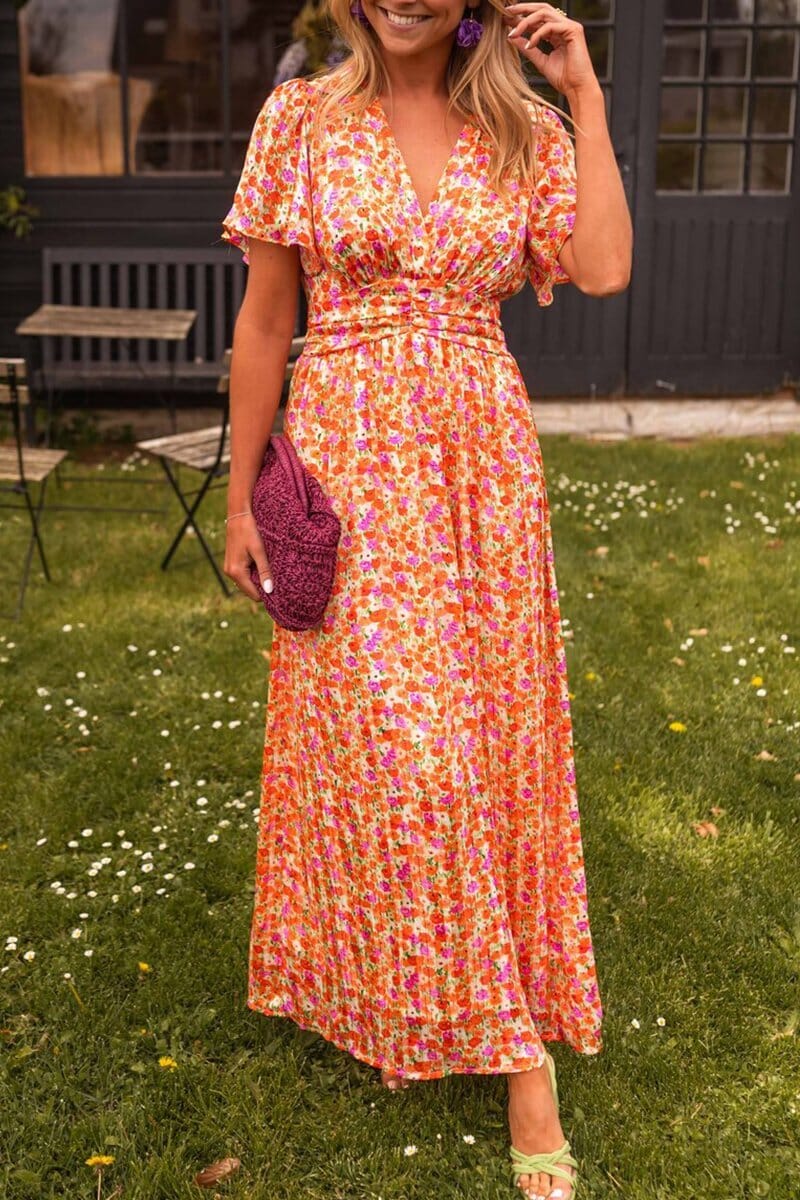 Sivi | Elegant maxi dress with v -ring - orange 1